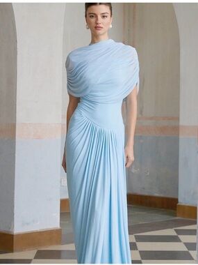 One-Shoulder Draped Evening Gown - Light Blue